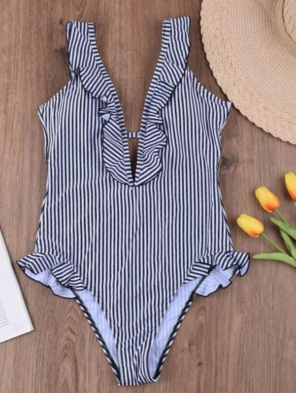 Sexy Ruffled Stripe Swimsuit