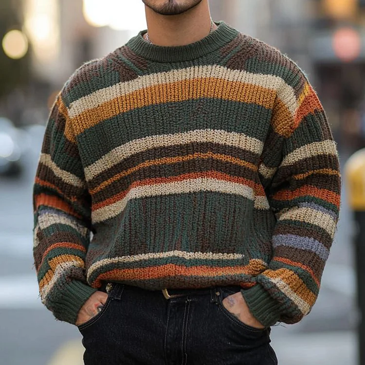 Utbros Men'S Vintage Color Block Stripes Jacquard Cozy Sweater