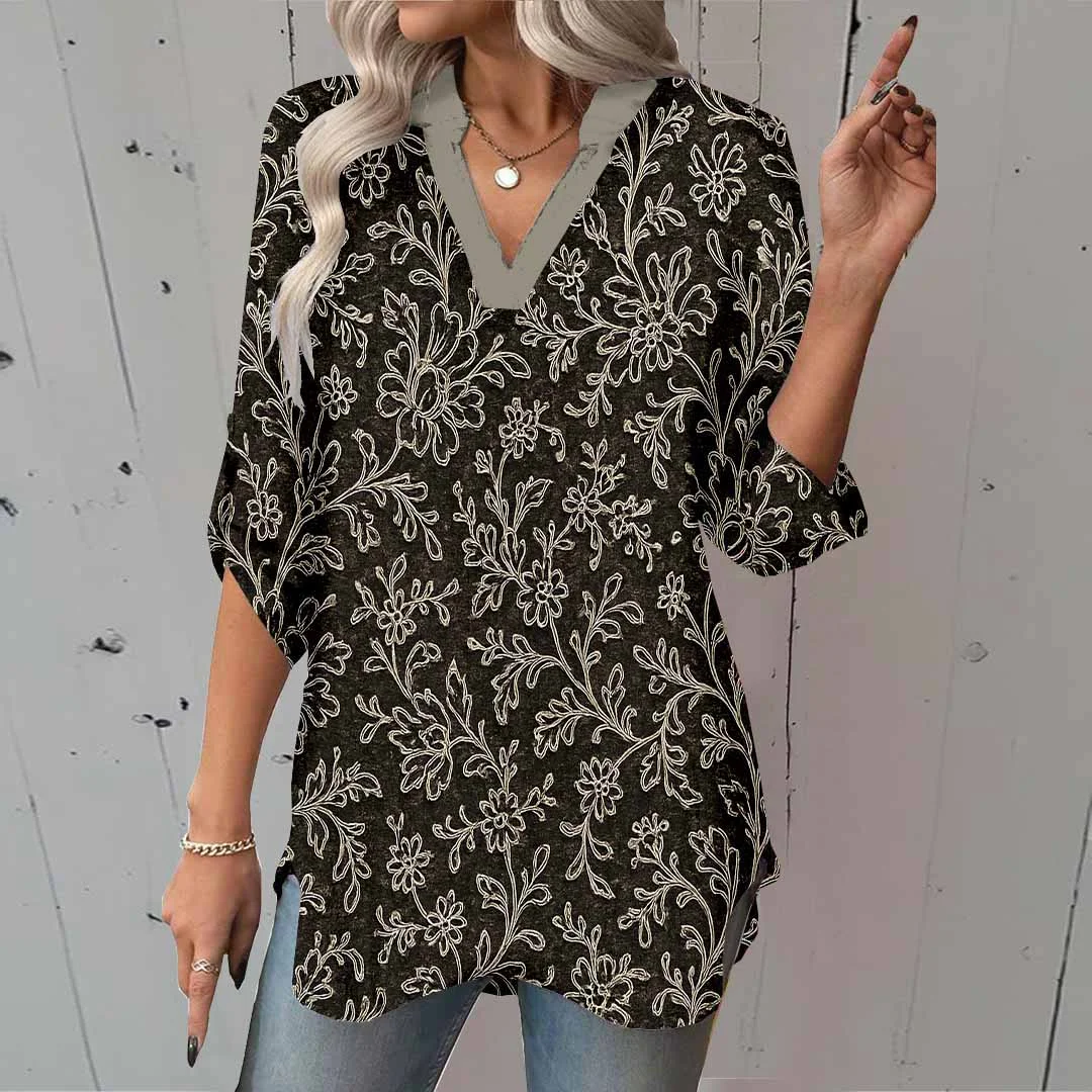 Women Floral, Black, White DZGA0108 3/4 Sleeve V-neck Printed Graphic Button Tops
