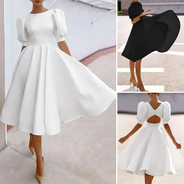 Women Half Sleeve Party Elegant Plain Sundress Back Zipper Vintage Big Swing Mini Shirt Dress Fashion