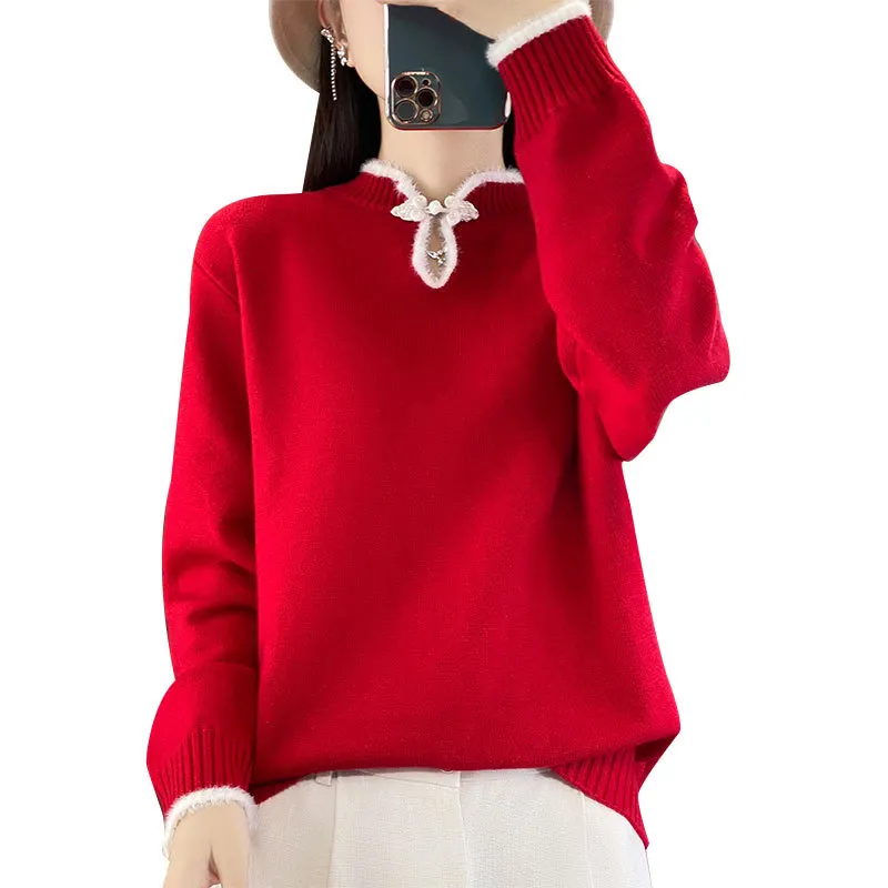 Churchf Churchf Buckle Bottom Shirt Female 2024 New Chinese Style Cheongsam Type Standing Collar Long Sleeve Foreign Style Fashion Sweater Sweater