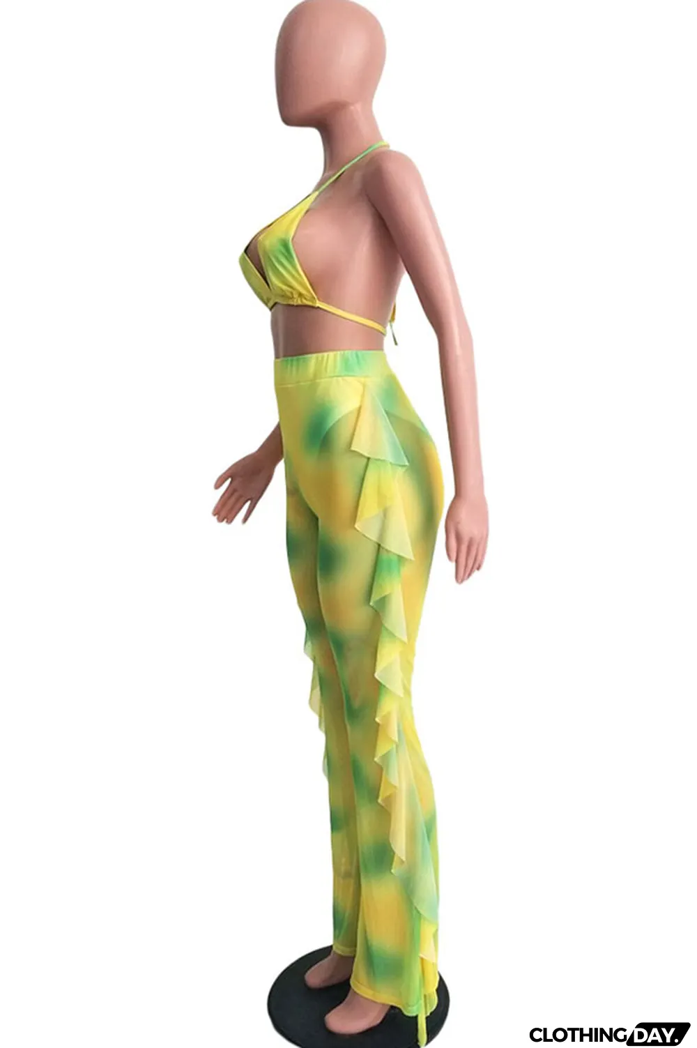 Yellow Polyester Sexy Fashion Stringy selvedge Print Tie Dye Patchwork Loose Sleeveless