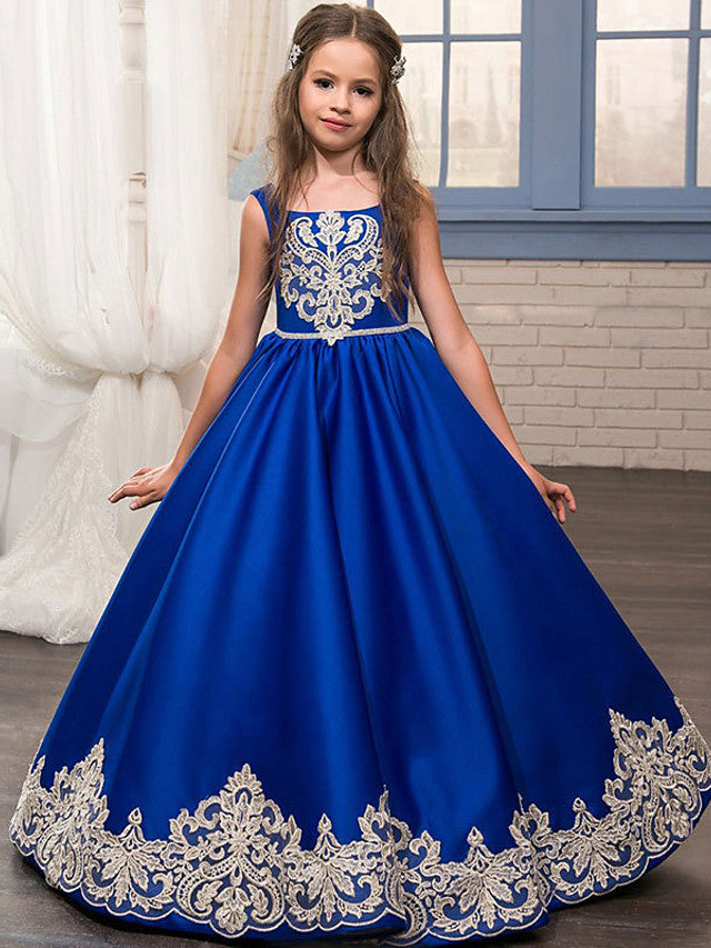 Oknass  Ball Gown Sleeveless Jewel Neck Flower Girl Dresses Lace Satin  With Bow Appliques