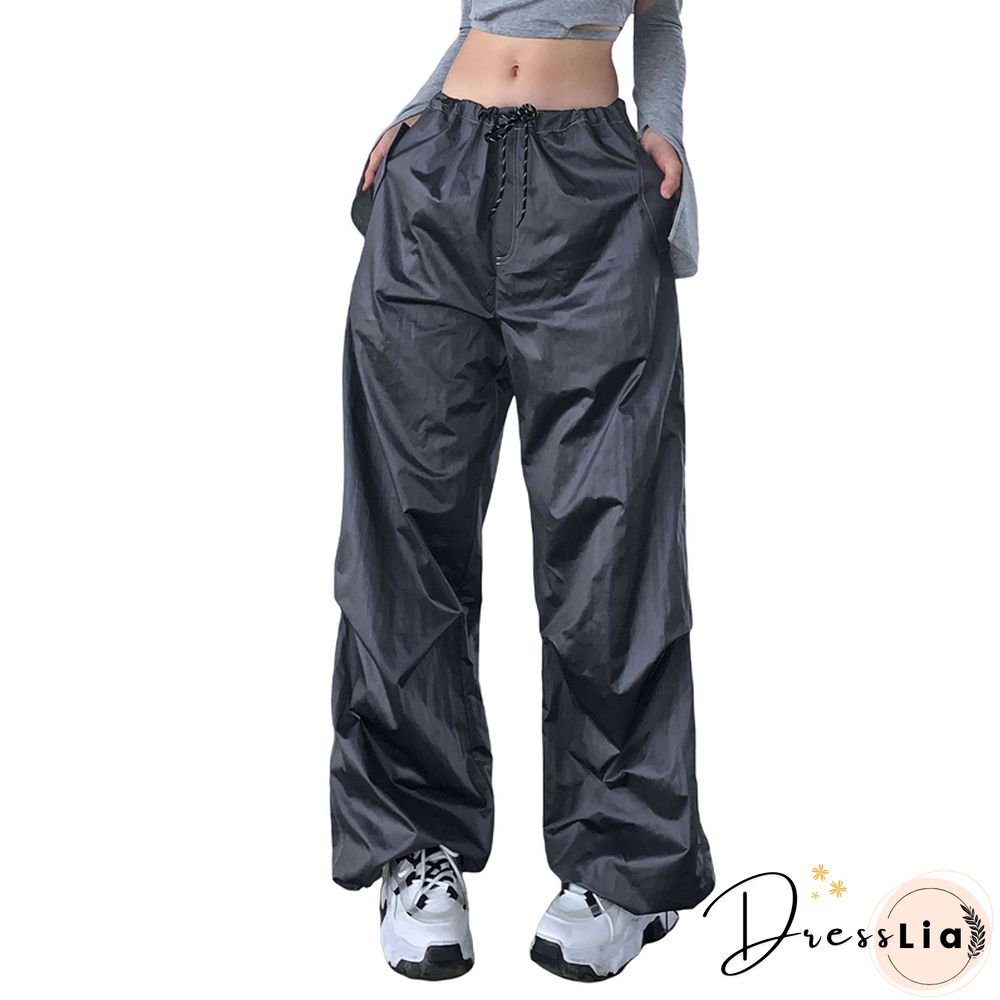 Drawstring Cargo Pants Women Solid Color Low Waist Relaxed Fit Work Trousers Y2k Grunge