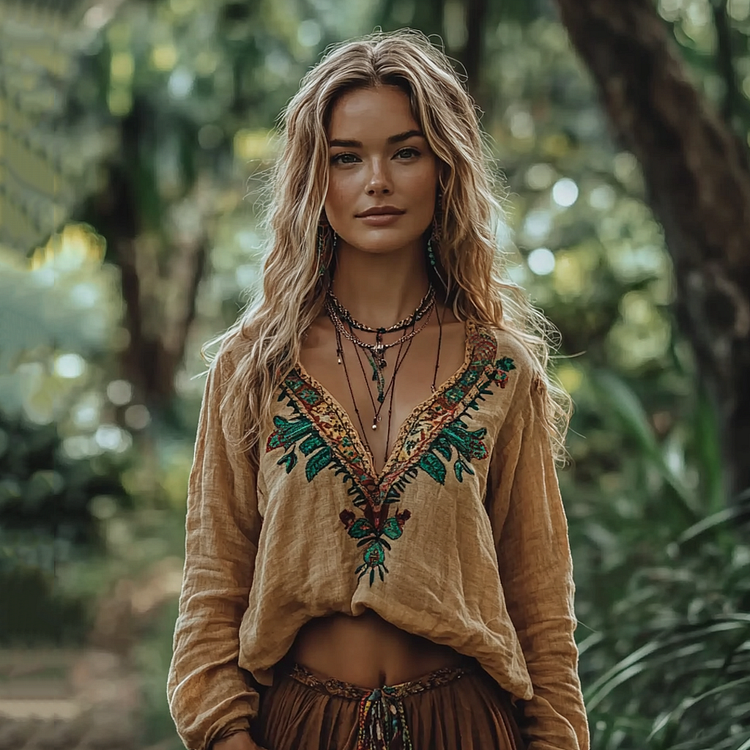 Vintage Traditional Floral Embroidery Art Linen V-neck Shirt