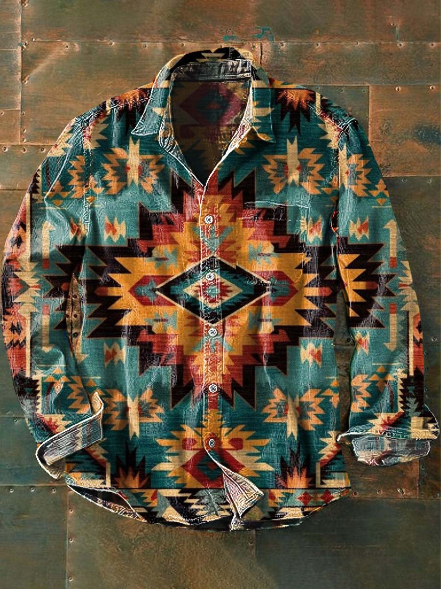 Men's Western Print Casual Lapel Long Sleeve Shirt