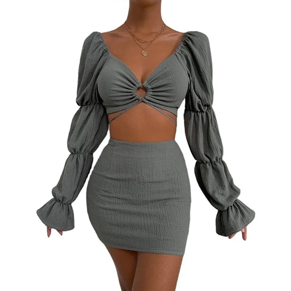 Gray Hollow-out V Neck Crop Top and Skirts 2pcs Set