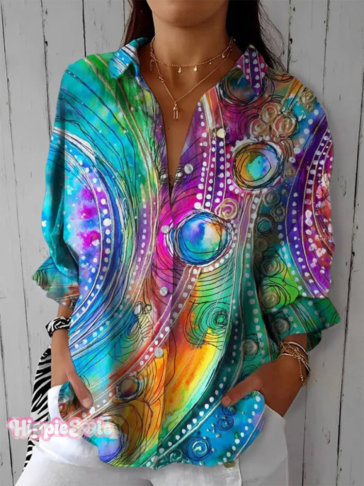 Women’s Retro Geometry Print Casual Linen V-Neck Shirt Multicolor / S