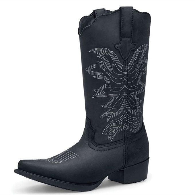 Black Embroider Cowgirl Boots Block Heel Mid Calf Boots