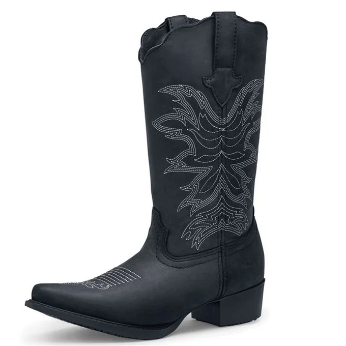 Black Embroider Cowgirl Boots Block Heel Mid Calf Boots |FSJ Shoes