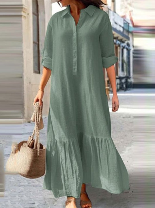 Women's Long Sleeve Shirt Collar Solid Color Buttons Maxi Dress