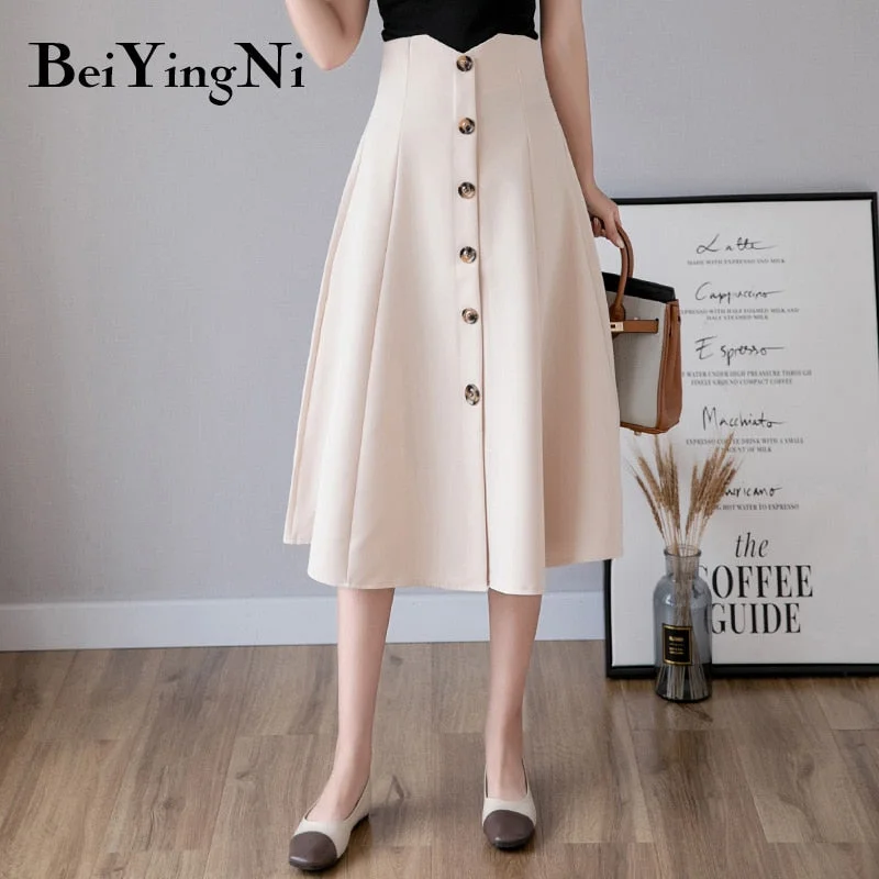 Beiyingni High Waist Elegant Swing A Line Skirt Women Solid Color Black Work Wear Office Ladies Skirts Single-breasted Vintage