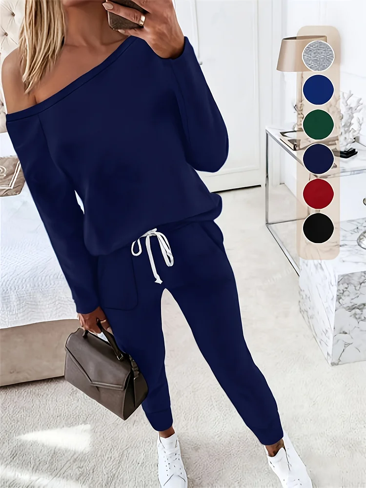 Women's Scacto Off-Shoulder Long-Sleeve Jumpsuit - Casual Design, Asymmetrical Neckline, Solid Color, Perfect For Spring/Summer, Adult Casual Attire, Casual | Asymmetrical Neckline | Solid Color Jumpsuit