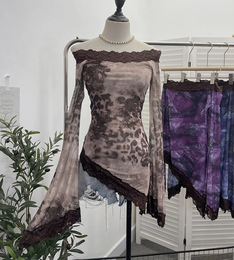 Uveng Tie-Dyed Leopard Print Lace Spliced Double-Layer Mesh Shoulder Irregular Loudspeaker Top 9912