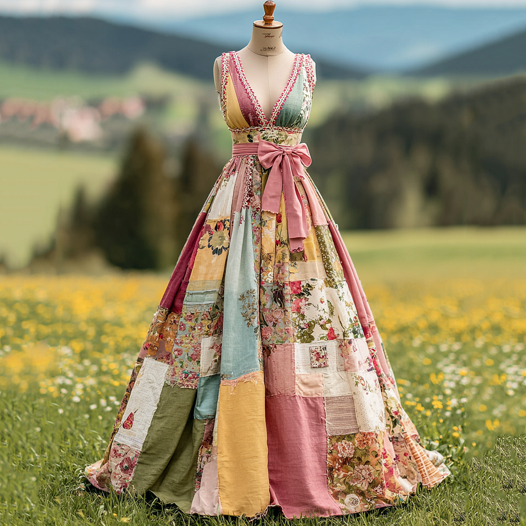 Women's  Floral Art Patchwork V Neck Comfy Maxi Dress