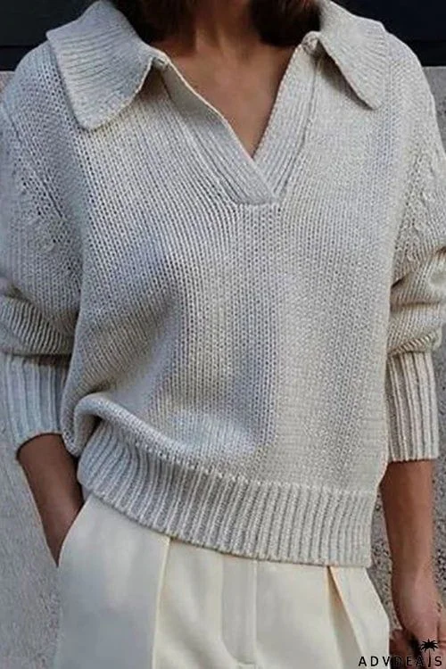V Turndown Collar Sweater