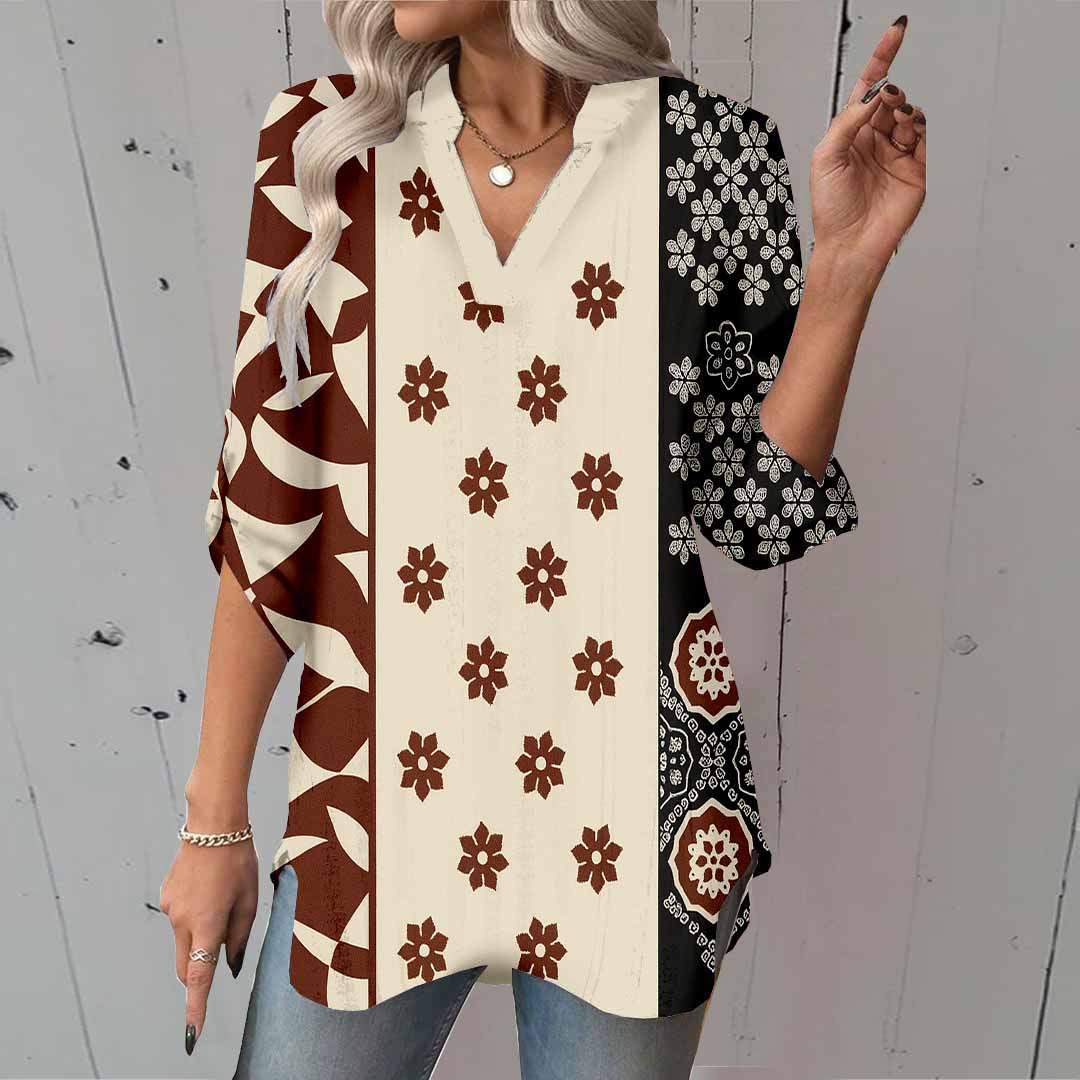 Women Artistic,Brown,Black DZGA0272 3/4 Sleeve V-neck Printed Graphic Button Tops