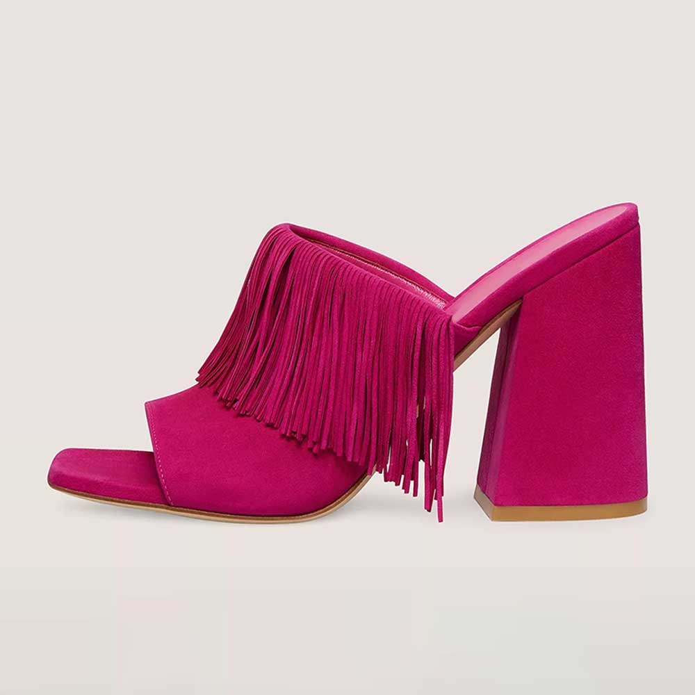 Hot Pink Square Toe 4'' Chunky Heel Fringe Wide Band Mules Nicepairs
