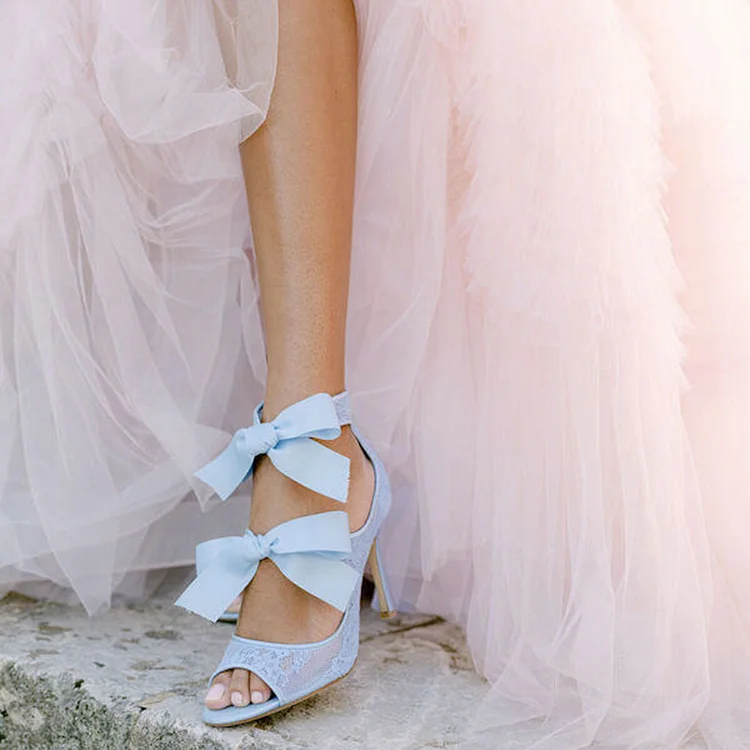 Blue Lace Bridal Shoes Peep Toe Bow Ankle Strap Heeled Sandals |FSJ Shoes