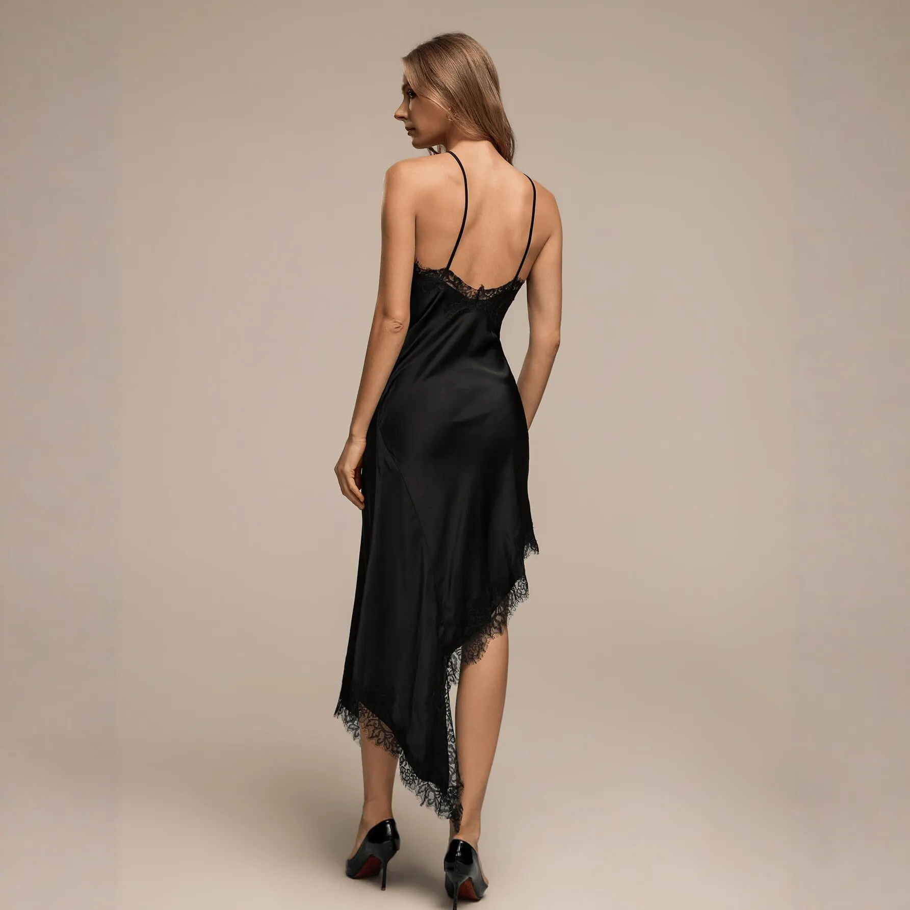 Solid Halter Cross Strap Lace Trim Open Back Irregular Midi Dress