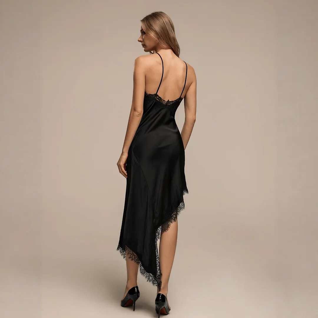 Solid Halter Cross Strap Lace Trim Open Back Irregular Midi Dress