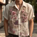Men's Floral Lace Embroidered Retro Patchwork Linen Shirt - Image 2