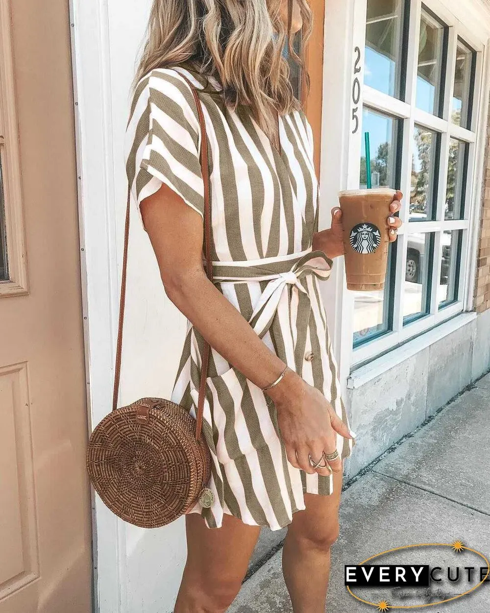 Classic Casual Deep V Neck Tie Waist Vertical Striped Bodycon dress