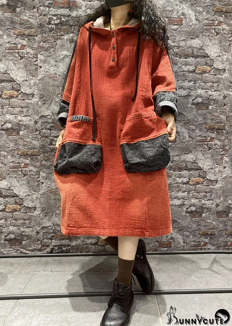 Plus Size Orange Hooded Pockets Denim Long Dress Fall