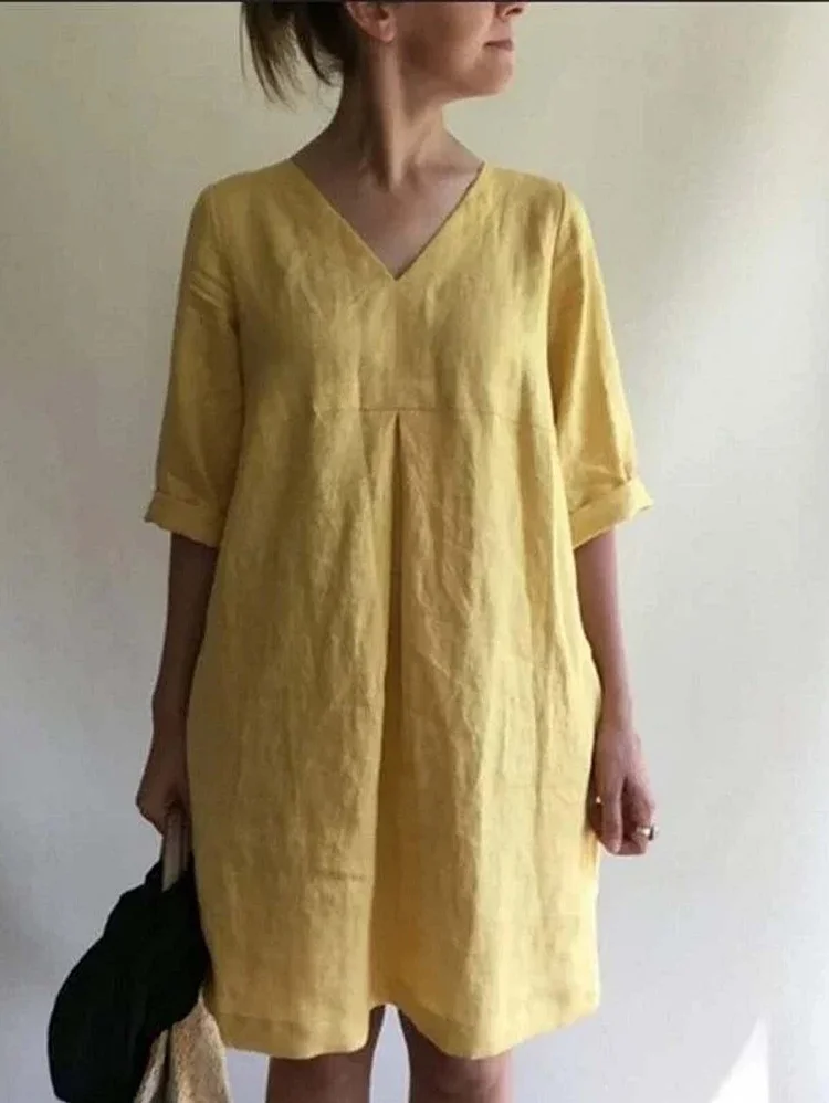 Women's V-neck Solid Color Cotton And Linen Loose Dress