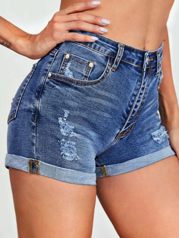 Woherb Broken Hole Flip Edge Stretch Denim Shorts Woman-Outfit Ideas