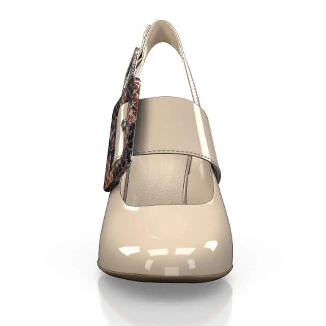 Chunky Heel Snakeskin Buckle Round Toe Slingback Pumps Shoes in Nude