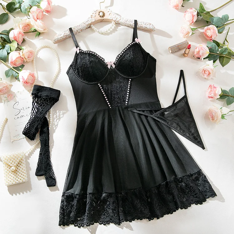 Sexy Lingerie Nightdress Lace Stitching Lace Body Shaping  Three-piece Set