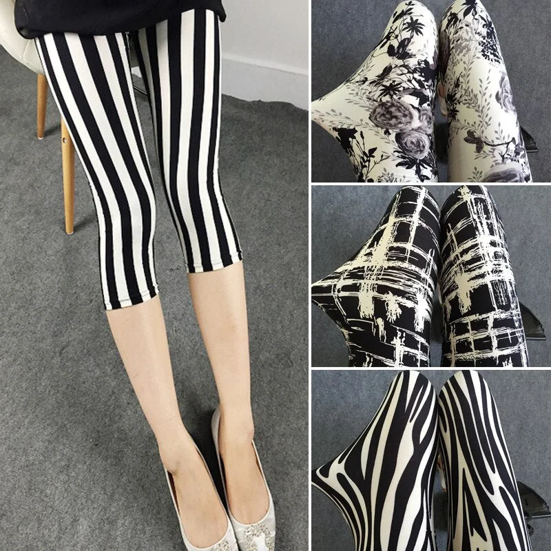 CUHAKCI Calf-Length Floral Stripe Print Sexy Pants Black Short Capris Women Summer Leggings High Waist