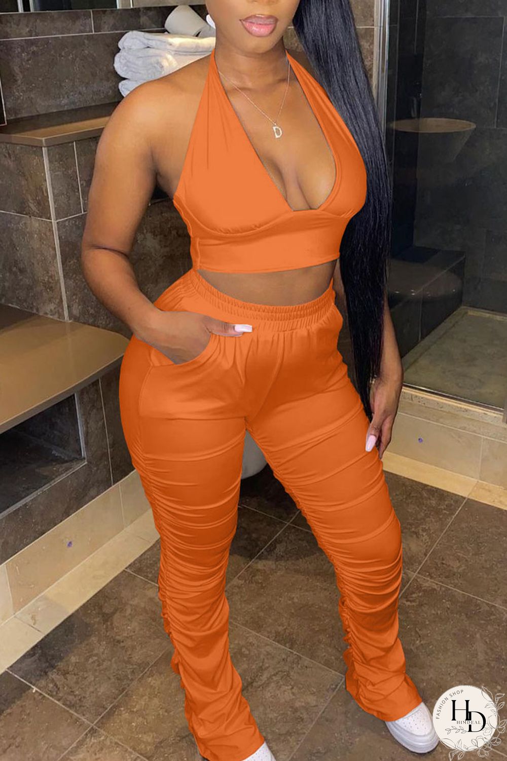 Tangerine Red Casual Solid Bandage Split Joint Backless Halter Sleeveless Two Pieces