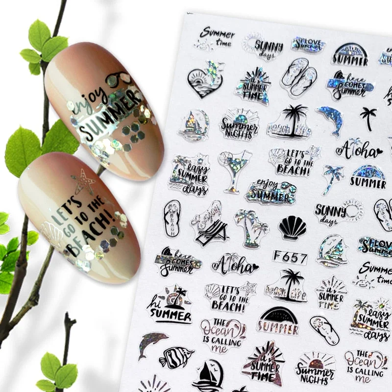 Summer Design 3D Stickers For Nails iridescent Black Gold Flower Leaf Series Decorations Sliders Nail Art Sticker Decals