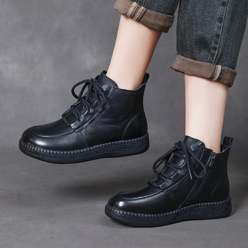 Yyvonne Cowfrepe Retro Wool Short Boots Women 2025 Winter New Round Head With Martin Boots Plus Cotton Boots