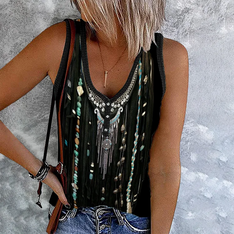 Western Tribal Tassels Art Button Up Tank Top