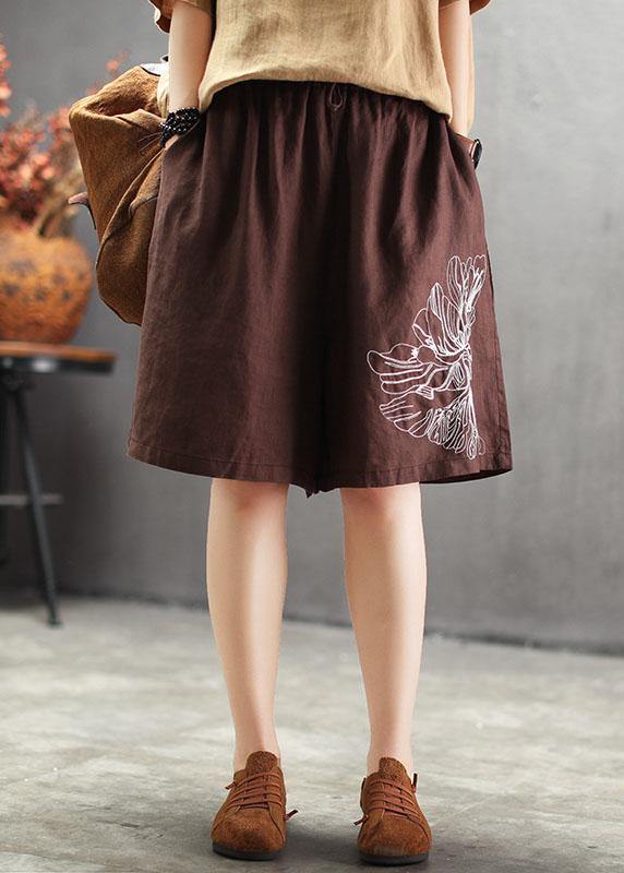 VCSHOES Chocolate Embroideried tie waist Linen hot Pants