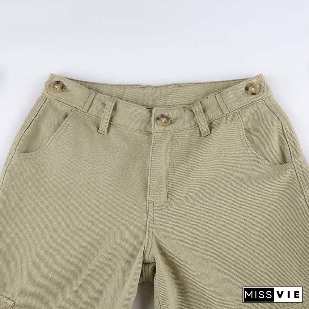 Vintage Pure Color Multi Pocket Cargo Denim Pants
