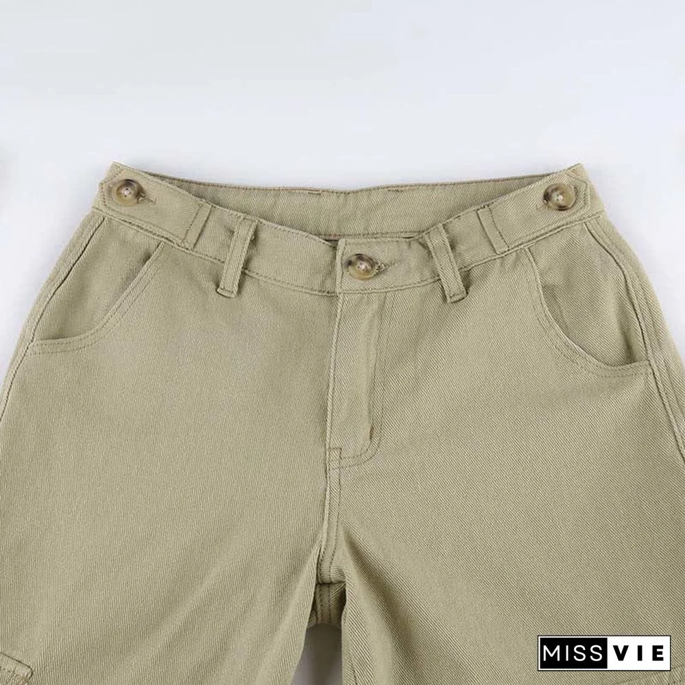 Vintage Pure Color Multi Pocket Cargo Denim Pants