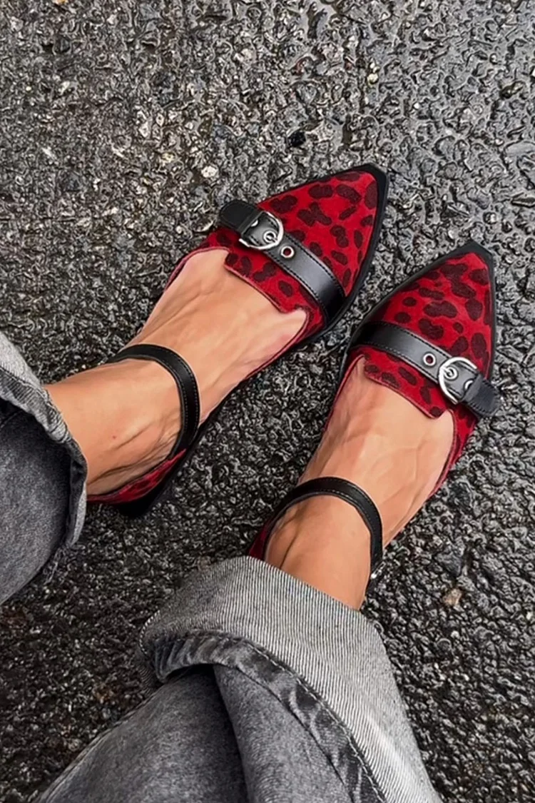 Animal Print Ankle Strap Buckle Pointed Toe Red Flats [Pre Order]