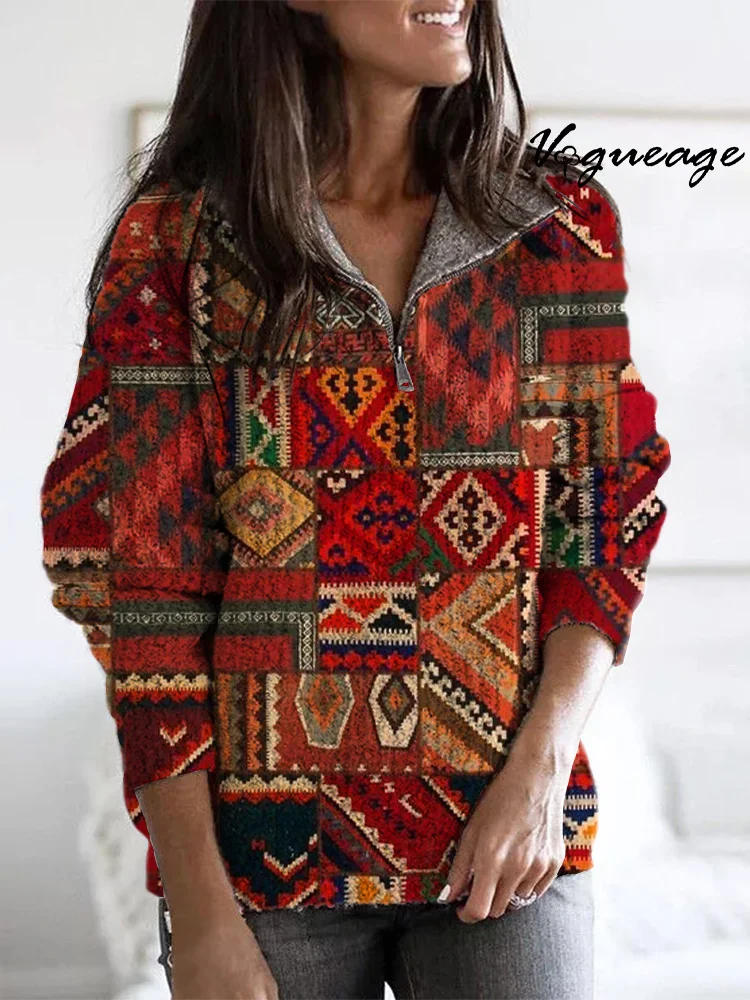 Fashion Retro Red Geometric Pattern Stitching Zippered Long-Sleeved Sweater