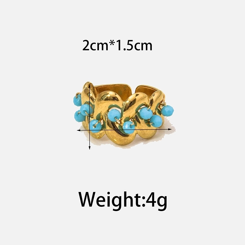 Elegant Vintage Style Minimalist Oval 304 Stainless Steel Turquoise 14K Gold Plated Plating Hollow Out Stainless Steel Rings
