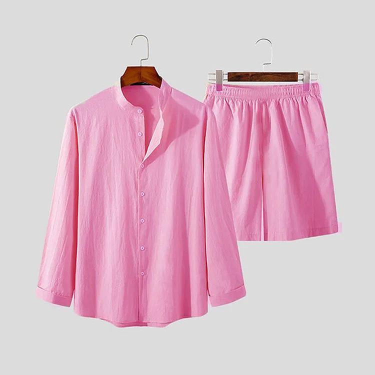 Galagalafood Beach Casual Cotton Two Piece Sets Men Long Sleeve Stand Collar Shirt And Shorts Mens Cotton Suits Vintage Solid Color Outfits