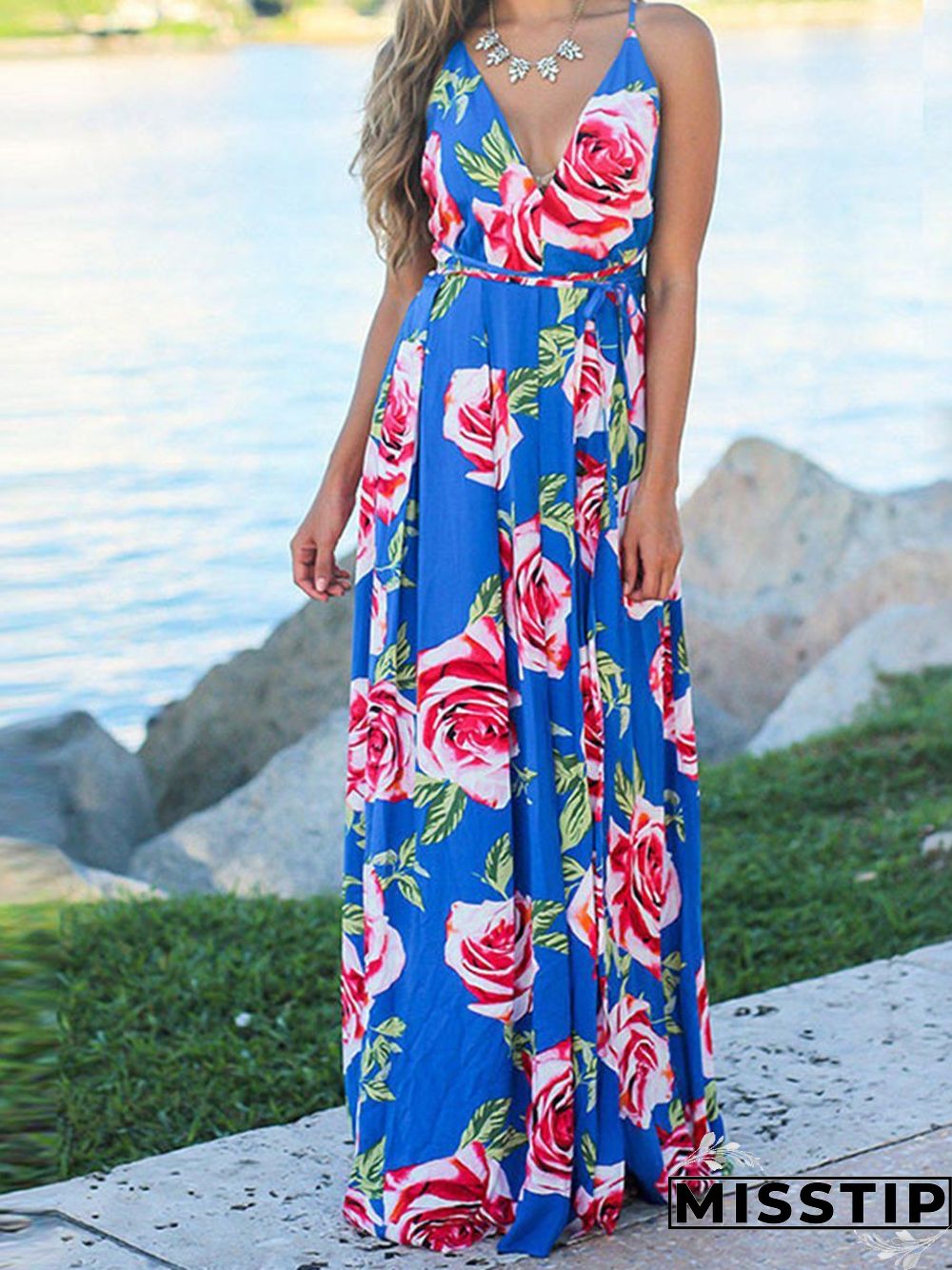 Beach Sling Leak Back Flower Print Maxi Dress P10165