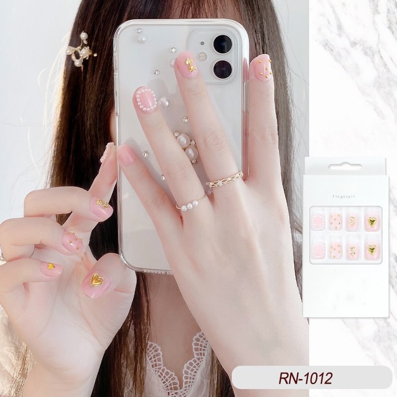Japanese nail  Heart and Rose Flower Pattern Design Fake Nails with glue Pearl Suitable Fairy Girl Decoration Wearable Nail tips