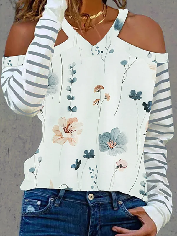 Striped Split-Joint Hollow Flower Print Loose Long Sleeves V-Neck T-Shirts Tops