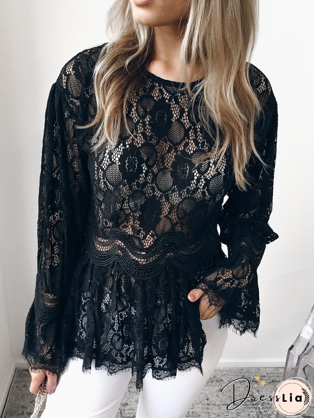 Lace Long Sleeves Round Neck Top