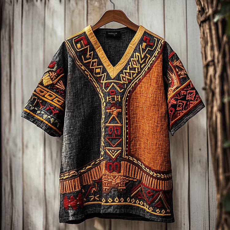 Men's Black Pride African Ethnic Geometric Juneteenth Art Print Linen T-shirt