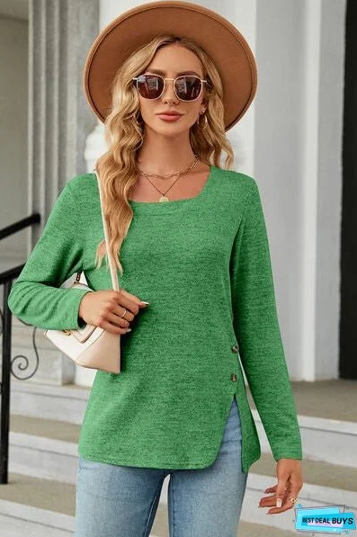Slit Decorative Button Square Neck T-Shirt